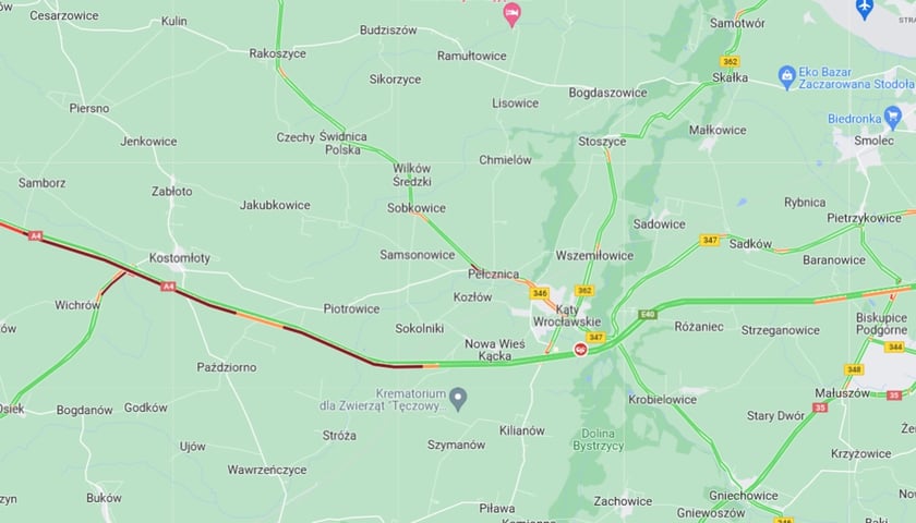 Na mapie widać korki na A4 w stronę Wrocławia - 3 lutego 2023 r.