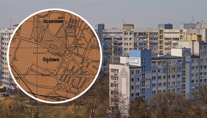Mapa Wrocławia z lat 40. XX wieku (w kółeczku) na tle Kozanowa