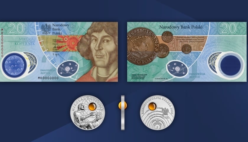Na zdjęciu nowa moneta i banknot Mikołaj Kopernik