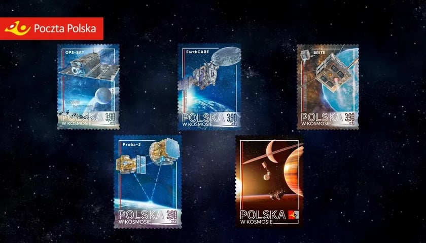 Na zdjęciu 4 wzory kryptoznaczków Poczty Polskiej - wersja kosmiczna