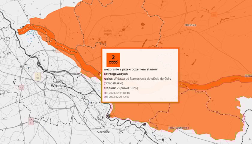Mapa przedstawiająca ostrzeżenie hydrologiczne na Widawie 19.02.2023