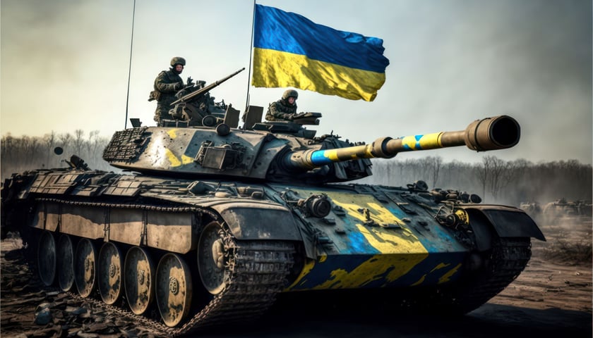 Na zdjęciu czołg z zatkniętą na nim ukraińską flagą