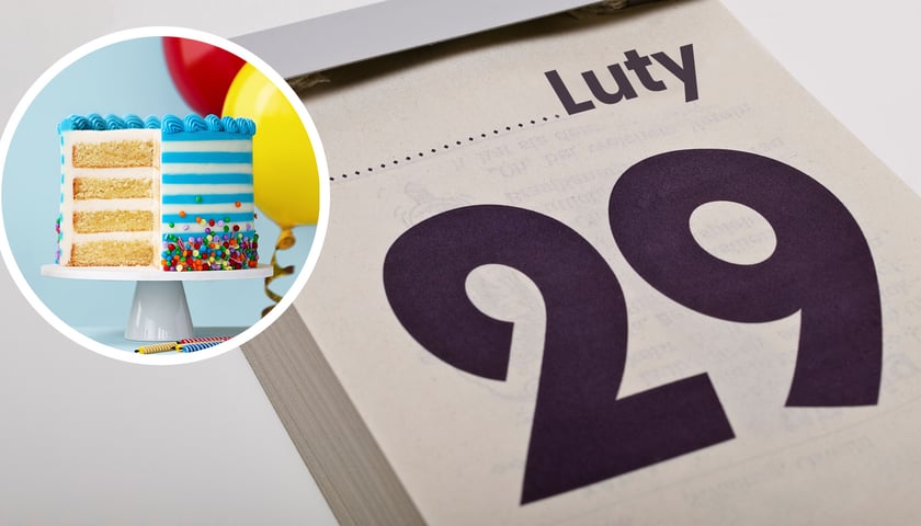 29 lutego przypada raz na cztery lata w rok przestępny. Na zdjęciu kalendarz z datą 29 luty i balon oraz tort