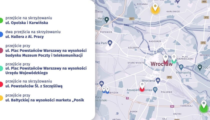 Na mapie widać przejścia dla pieszych przeznaczone do remontu w 2023 r. w ramach Torywolucji