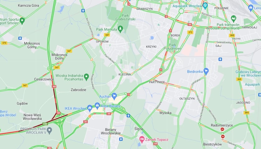 Na mapie widać korek na autostradzie A4 pod Wrocławiem