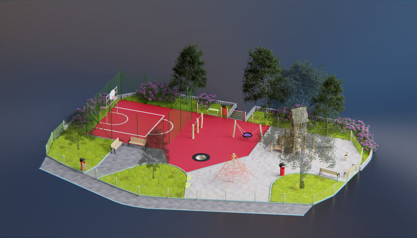 Wizualizacja nowego placu zabaw na Ołbinie z miejscem do gry w piłkę, trampoliną i piramidą linową