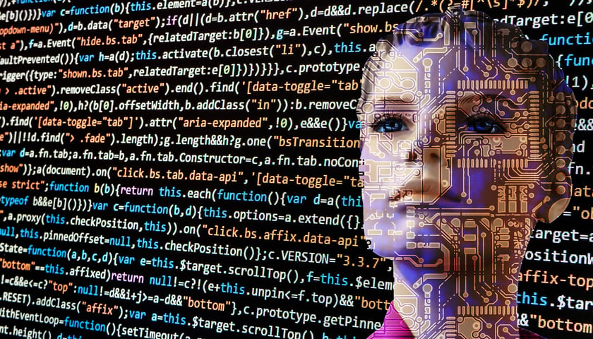 Na zdjęciu: ciąg liter języka kodowania i cyfrowa twarz kobieca imitująca sztuczną inteligencję