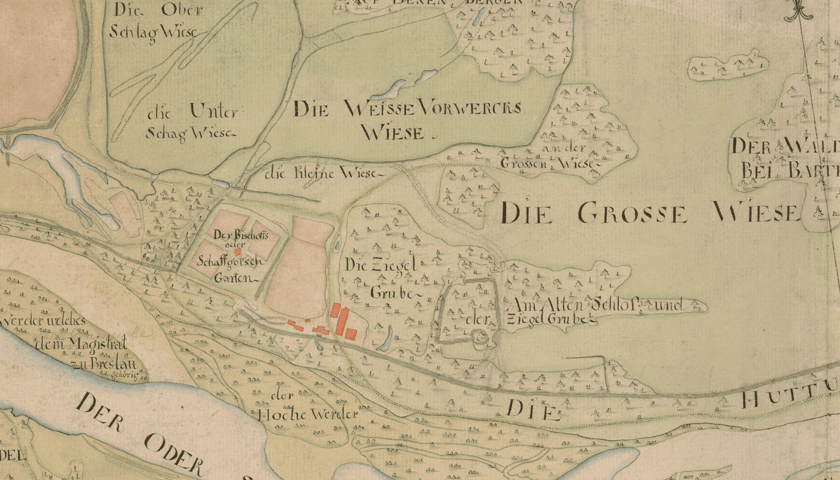 Fragment XIX-wiecznej mapy dzisiejszego Biskupina z zaznaczonym miejscem nazwanym Am Alten Schloss