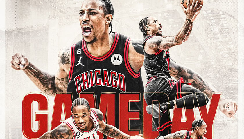 Grafika meczowa Chicago Bulls z koszykarzem DeMarem Darnellem DeRozanem