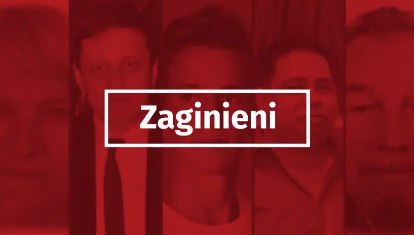 Czerwona plansza z białą ramką i napisem: zaginieni