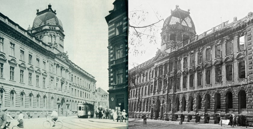 Fotografia po lewej - lata 1920-1935, budynek poczty przy ul. bł.Czesława (obecnie pl. Dominikański). Teraz z prawej strony jest Galeria Dominikańska, źródło: Encyklopedia Wrocławia Wydawnictwo Dolnośląskie / fotopolska.eu. Fotografia po prawej - poczta rok 1945,