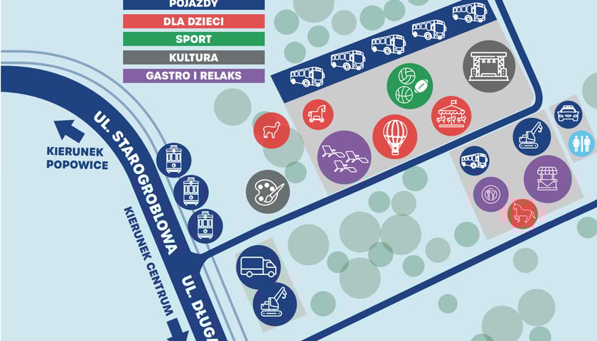 Mapa pikniku Dzień otwarty MPK z zaznaczonymi atrakcjami dla dorosłych i dzieci