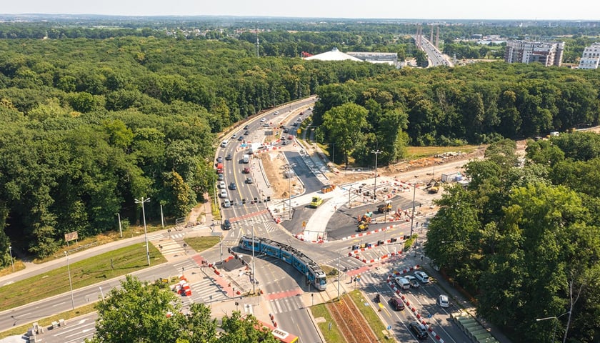 budowa trasy tramwajowej przez Popowice, ujęcie z drona