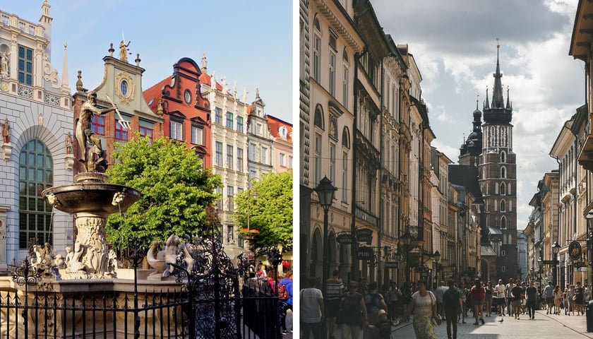 Fontanna Neptuna w Gdańsku (po lewej) i ulica Floriańska z widokiem na kościół Mariacki w Krakowie (po prawej)