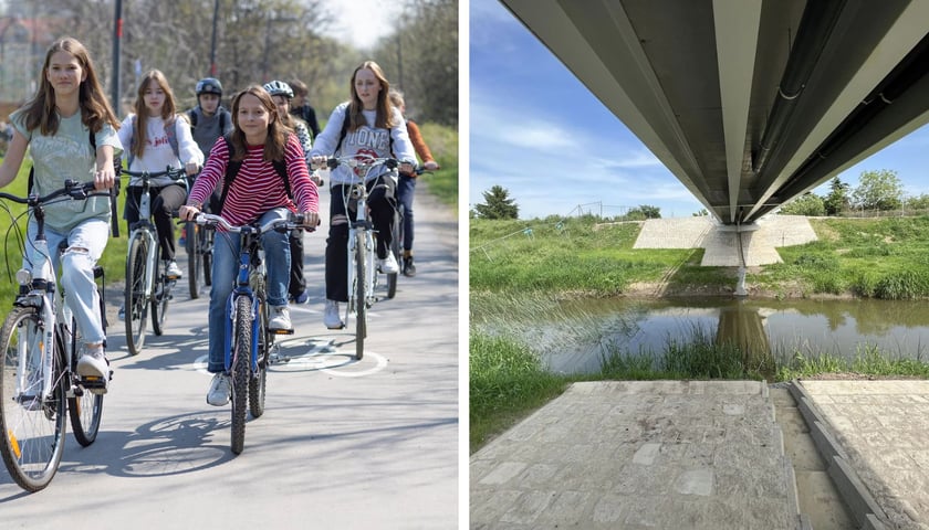 Młodzi rowerzyści w trakcie jazdy / szara kładka w budowie nad rzeką pomiędzy Muchoborem Małym a Muchoborem Wielkim we Wrocławiu