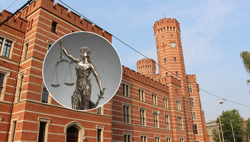 Kadencja obecnych ławników sądowych kończy się 31 grudnia tego roku. Na zdjęciu widać budynek sądu we Wrocławiu a w kółeczku - rzeźbę Temidy