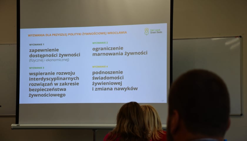 Warsztaty poświęcone ograniczeniu marnowania żywności i podnoszeniu świadomości żywieniowej, Wrocław, 26 maja 2023. Na zdjęciu kadr z prezentacji z wymienionymi czterema wyzwaniami dla polityki żywnościowej Wrocławia.