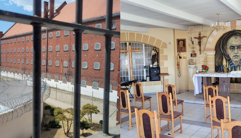 Zdjęcia ze środka Zakładu Karnego przy ul. Więziennej 6 w Wołowie: pawilon mieszkalny za kratami i kaplica