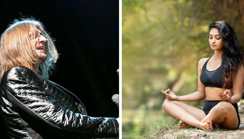 Po lewej: Leszek Możdżer w czarnej kurtce przy fortepianie; po prawej: kobieta w czarnym sportowym stroju siedzi po turecku na tle drzew