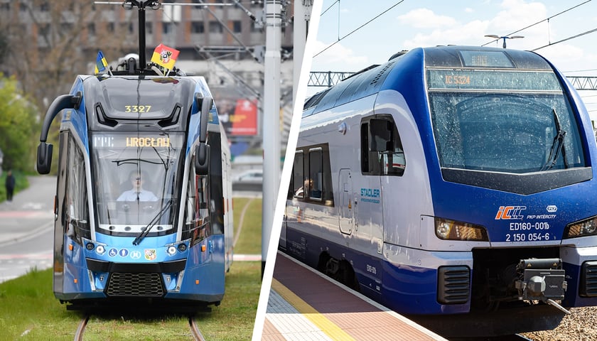 Z lewej wrocławski tramwaj, z prawej pociąg Intercity