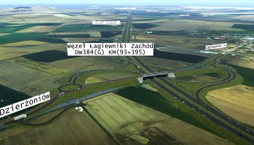 Screen z filmu z wizualizacją przyszłej drogi ekspresowej S8. Widać drogę, pola oraz napisy: z lewej "Dzierżoniów", na środku "Węzeł Łagiewniki Zachód", z prawej "Łagiewniki"