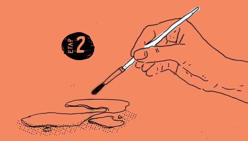 Dłoń z pędzlem. Rozlana farba. Grafika ilustracyjna