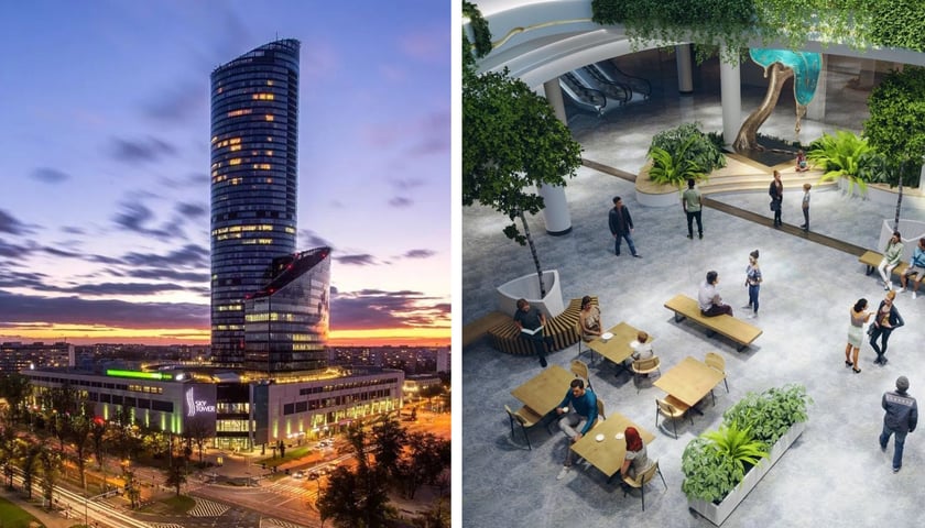 Z lewej strony Sky Tower nocą, z prawej wizualizacja, jak wkrótce w środku będzie wyglądać galeria we wrocławskim wieżowcu
