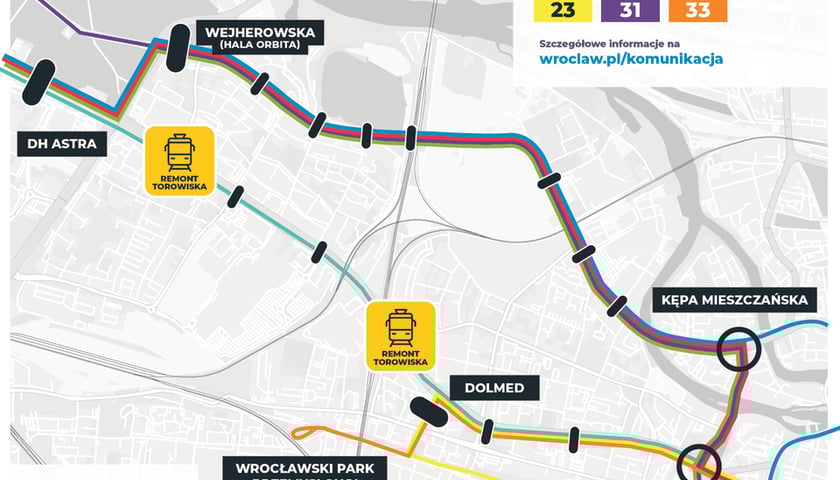 Mapa objazdów tramwajowych
