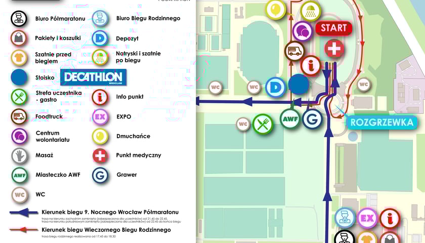 Mapa miasteczka na Stadionie Olimpijskim podczas 9. Nocnego Wrocław Półmaratonu