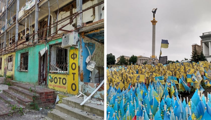 Zniszczony blok, w który trafiła rosyjska rakieta / Setki ukraińskich flag na Majdanie Niezależności w centrum Kijowa