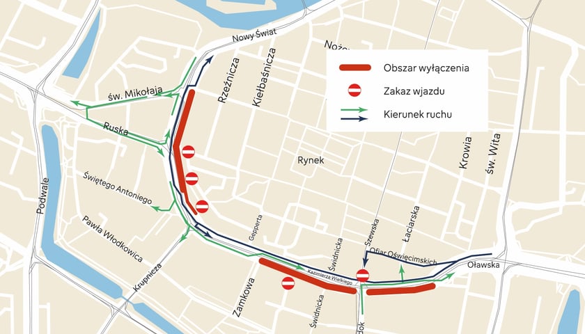 Mapa z organizacją ruchu samochodowego podczas pierwszego etapu remontu na Kazimierza Wielkiego