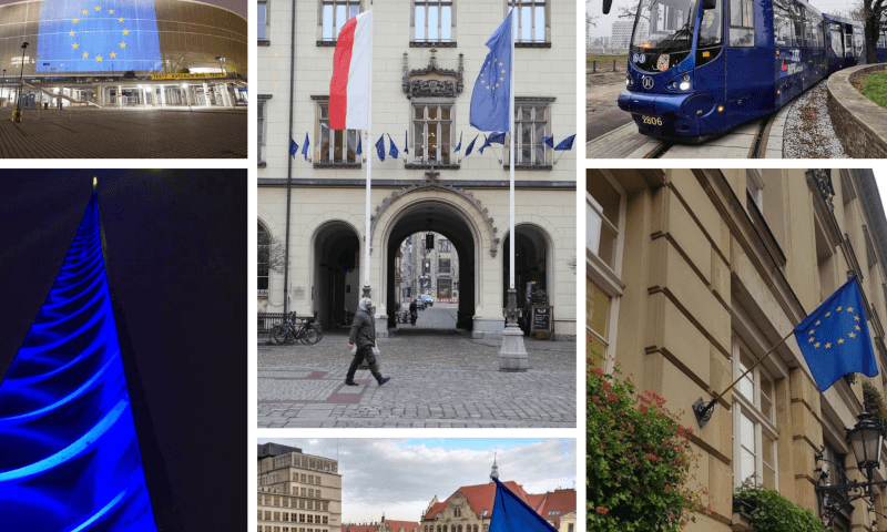 #PotrzebUEmy - unijne flagi na budynkach Wrocławia
