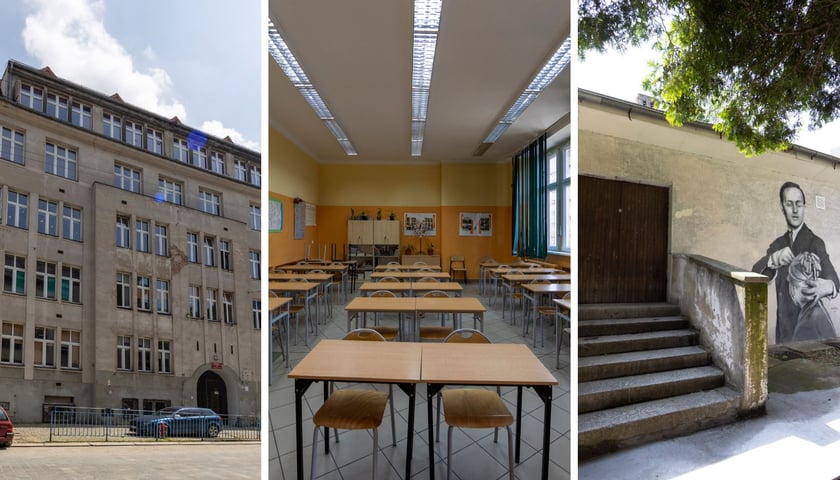 Ruszają wakacyjne remonty we wrocławskich szkołach, przedszkolach i żłobkach. Od lewej budynek szkoły przy Świstackiego, klasa z ławkami oraz budynek przy ul. Dawida