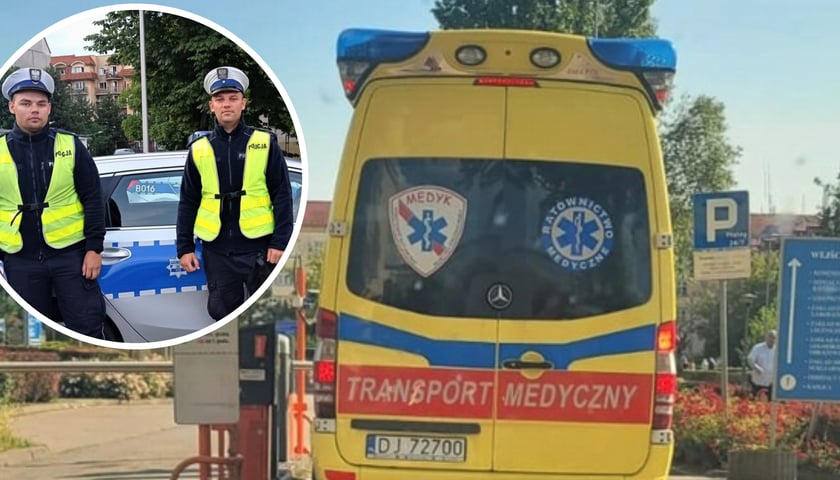 Eskortowana przez policję kartka z mężczyzną po udarze. W kółeczku - policjanci, którzy brali udział w kacji