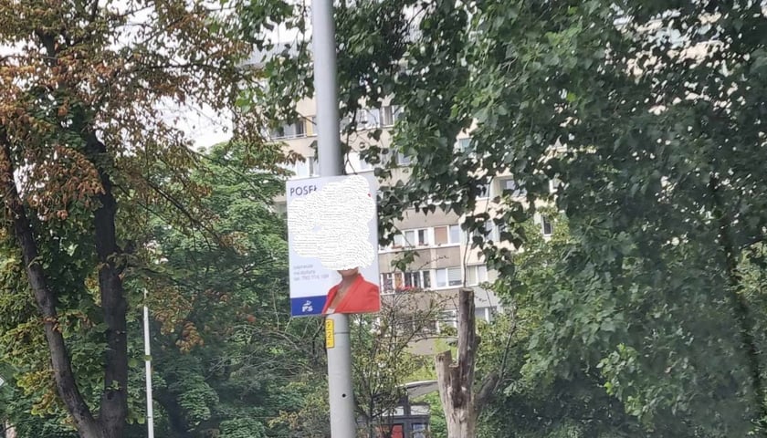 Nielegalnie powieszony plakat na latarni we Wrocławiu