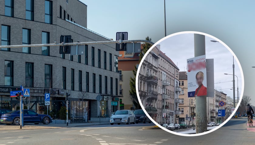 Nielegalnie umieszczone plakaty reklamowe na miejskich latarniach