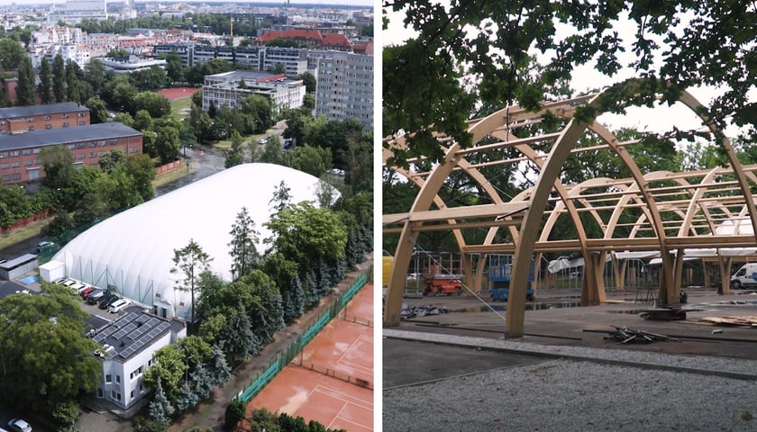 Po lewej: widok z góry na pneumatyczną halę piłkarską; po prawej: drewniana konstrukcja hali tenisowej