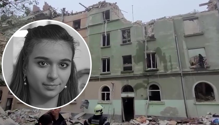 Zniszczone atakiem rakietowym budynki we Lwowie, w kółku widać Anastazję Seniw