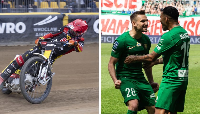 Po lewej: żużlowiec Sparty w czerwonym kasku, po prawej: dwaj piłkarze Śląska w zielonych strojach