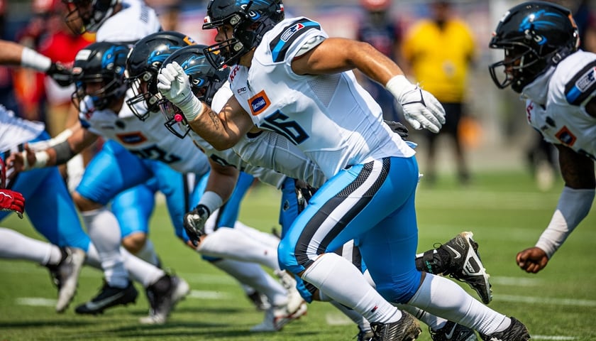 Zawodnicy Panthers Wrocław i Hamburg Sea Devils.