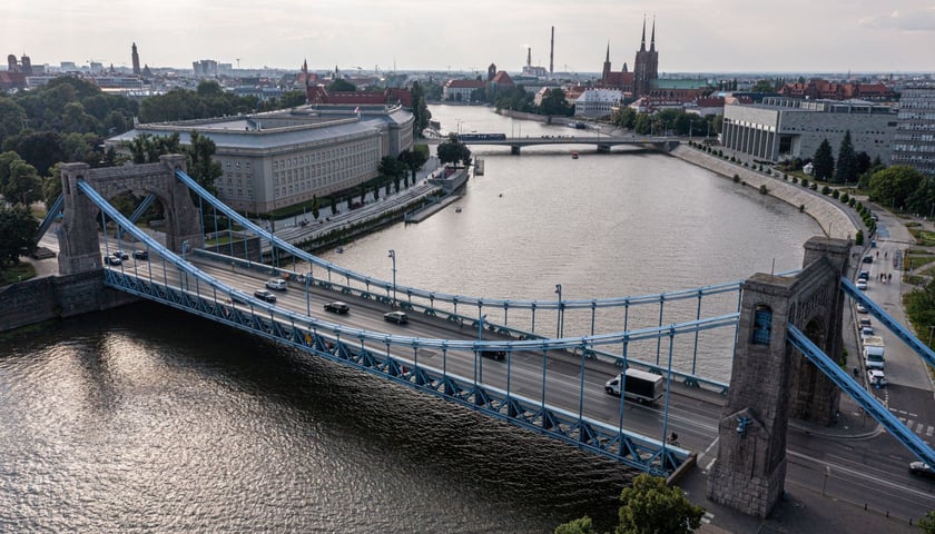 Most Grunwaldzki wiszący nad Odrą (widok z lotu ptaka w kierunku cenntrum)