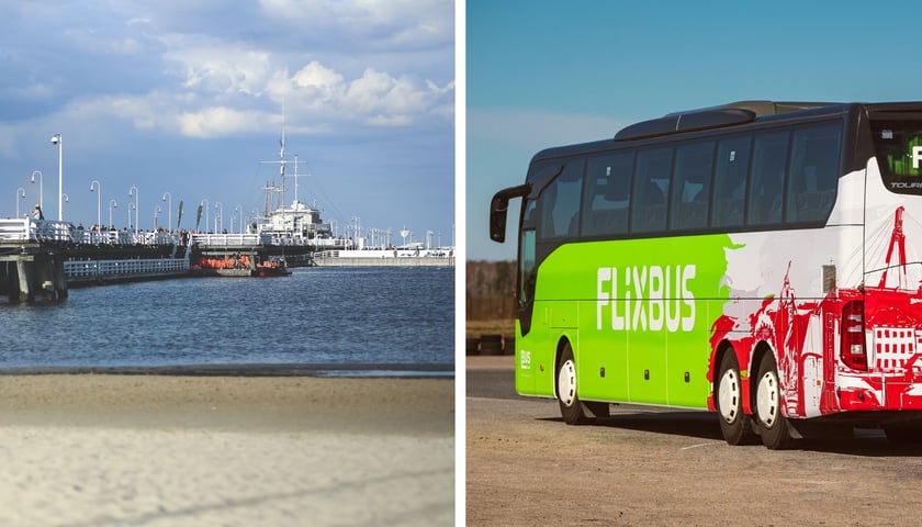Po lewej: Bałtyk i molo w Sopocie, po prawej: autokar firmy Flixbus