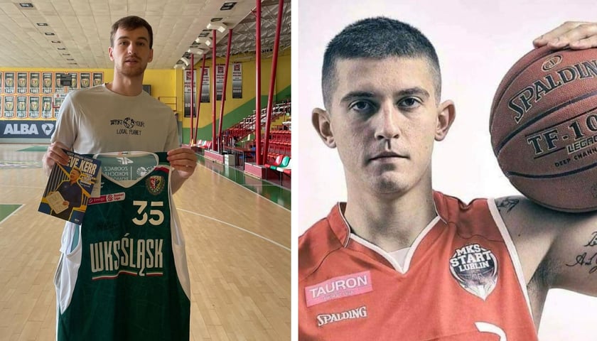 Po lewej: Jakub Nizioł z zieloną koszulką i książką; po prawej: Sebastian Szymański z piłką 