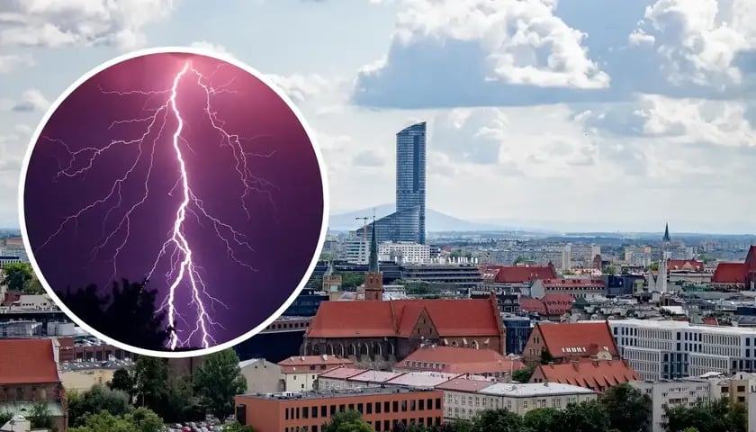Panorama Wrocławia (na zdjęciu w kółku widać błyskawicę)