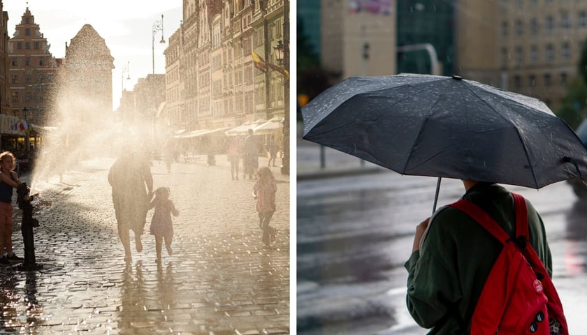 Zdjęcie z lewej: Rynek, brukowana ulica, z hydrantu leci woda, tworząc pióropusz kropel. Wokół biegają dzieci. Zdjęcie z prawej strony: człowiek z parasolem czeka by przejść przez jezdnię, pada deszcz. Zdjęcia ilustracyjne