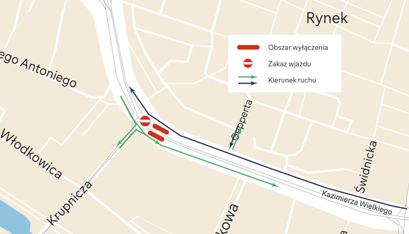 Na mapie zaznaczono fragment, gdzie rozpocznie się etap przejściowy wymiany sieci ciepłowniczej od 29 sierpnia i potrwa do 5 sierpnia. Prace prowadzone będą najbliżej skrzyżowania ulicy Kazimierza Wielkiego z Krupniczą.