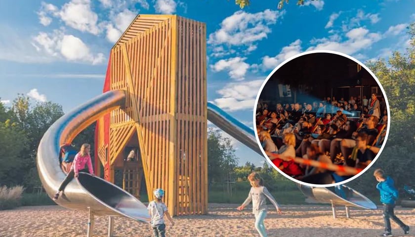 Kino dobrych relacji odbędzie się w parku Mamuta, na zdjęciu bawiące się dzieci, w kółku zdjęcie ilustracyjne z plenerowego kina