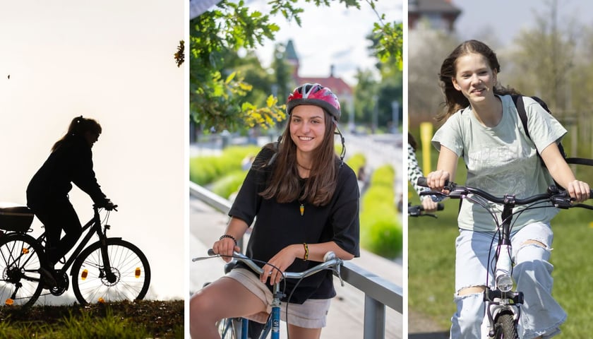 Kolaż trzech zdjęć przedstawiających rowerzystki we wrocławskich plenerach