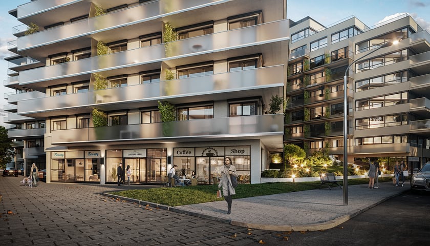 Wizualizacja kompleksu budynków Central Park Wrocław na Kępie Mieszczańskiej. 