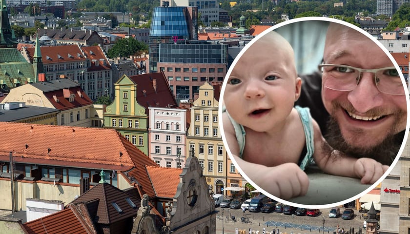 Panorama Wrocławia, w kółku zdjęcie czteromiesięcznej Amelki z tatą